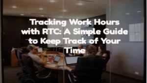 A group of employees in a meeting room, with text on the wall about tracking work hours using RTC (Real-Time Clock).