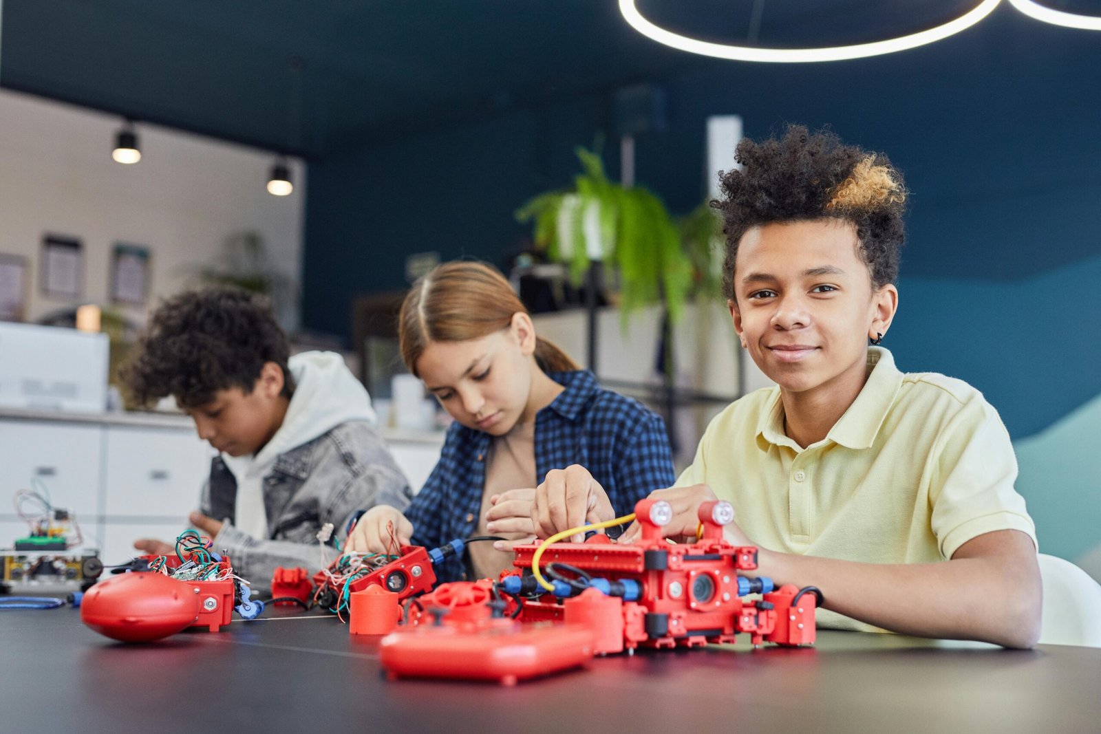 Three students, a boy and two girls, are working on building and assembling a model robot or electronic device in a classroom or workshop setting.