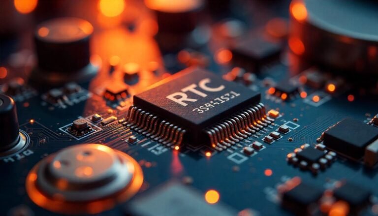 A close-up of a circuit board with an RTC (Real-Time Clock) chip, highlighting the critical power requirements necessary for maintaining accurate timekeeping within electronic devices