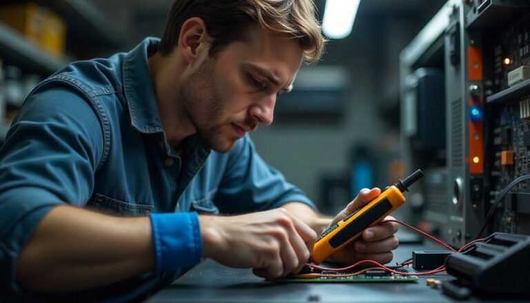 A technician carefully troubleshooting a circuit board, highlighting the importance of methodical diagnostics in resolving common RTC (Real-Time Clock) problems within complex electronic systems.