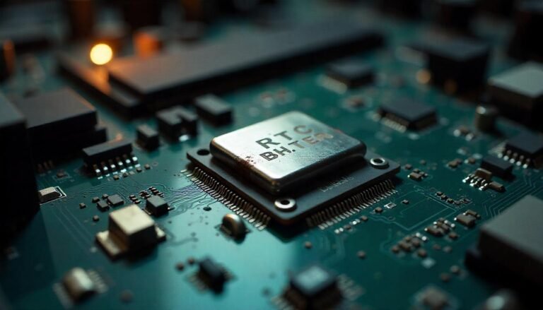 A close-up view of a circuit board with a microchip labeled 'RTC', highlighting the importance of addressing device-specific RTC problems that can arise in electronic systems.