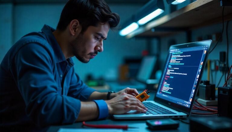 A technician intently examining a laptop screen displaying troubleshooting information, highlighting the process of diagnosing laptop RTC errors.